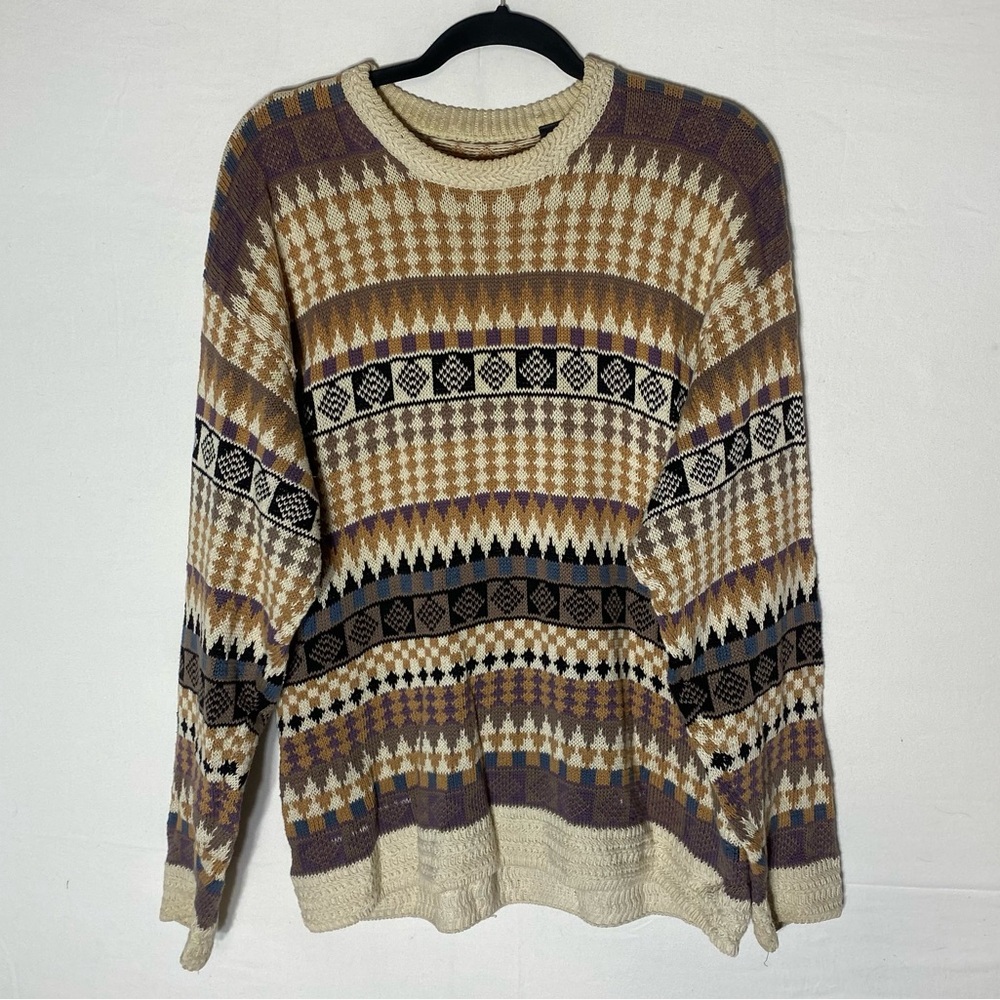 Vintage Multicolour Ramie Cotton Sweater Multi Pattern Striped Crew Neck Sweater